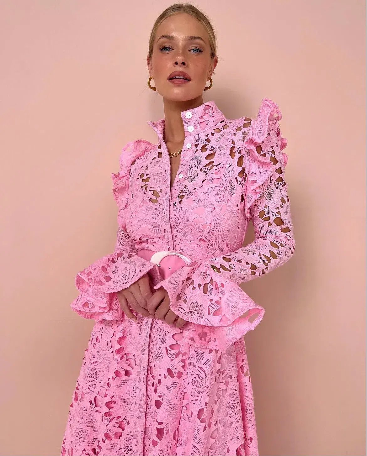 Leo Lin Aliyah Lace Butterfly Sleeve Midi Dress In Candy Pink Size 8 photo 3