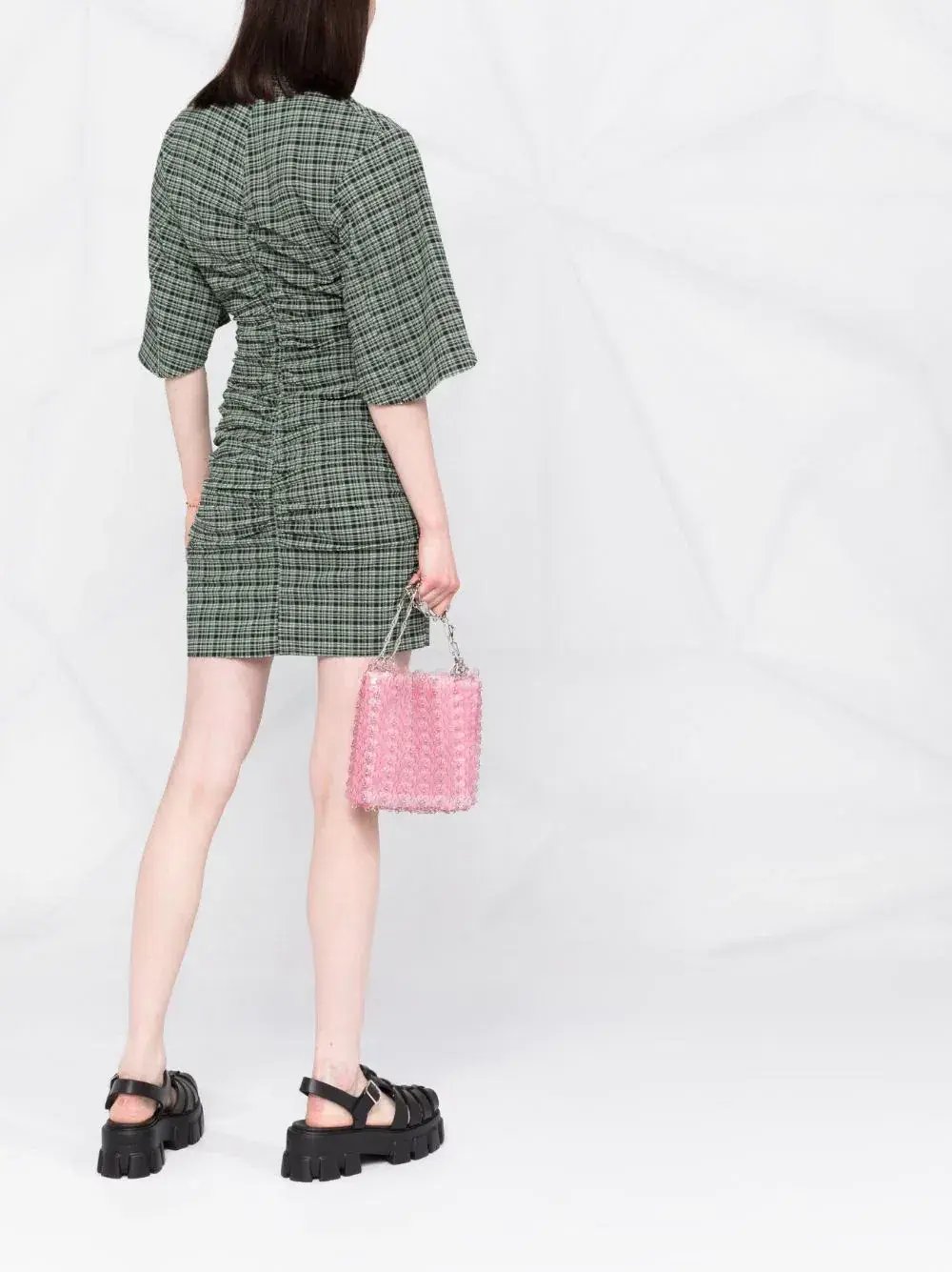 Ganni Seersucker Check Ruched Dress Bay Green Size 14 photo 3