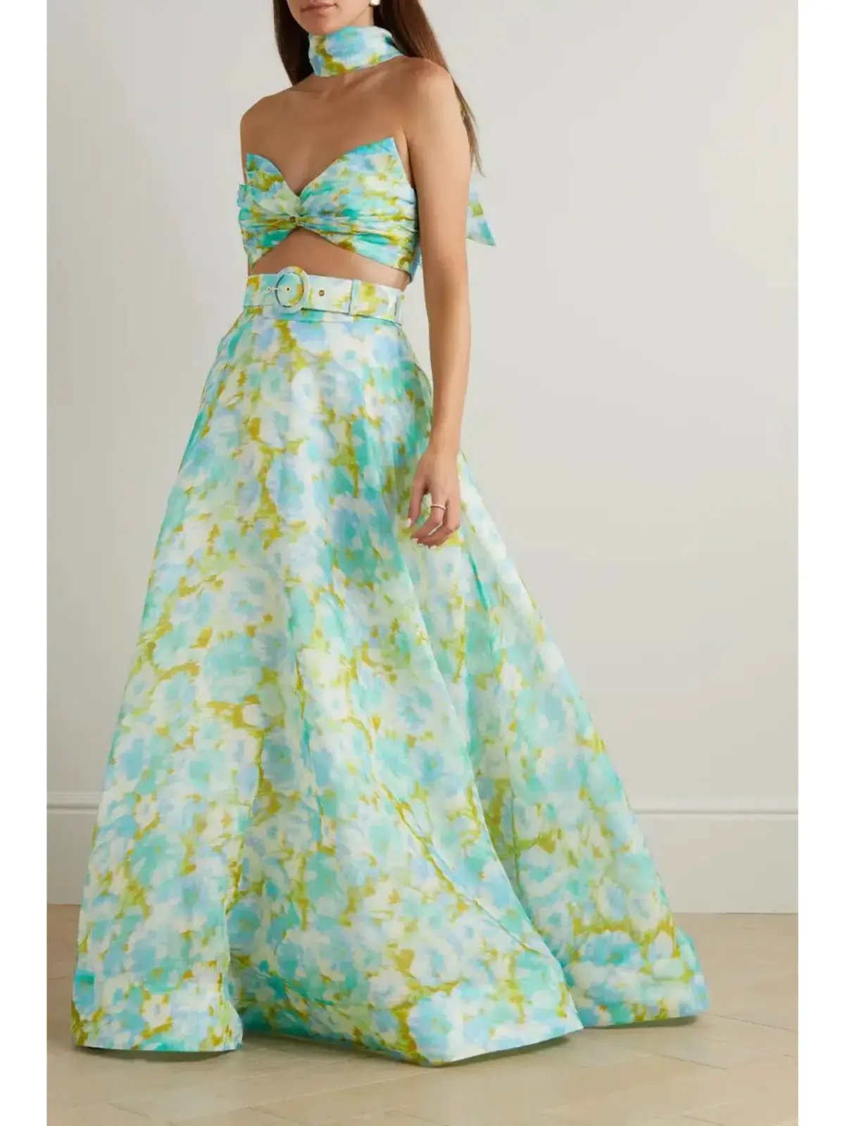 Zimmermann High Tide Twist Crop Bodice Size 3 / AU 14 & Maxi Skirt Size 2 / AU 12 Set in Aqua Ikat Floral photo 2