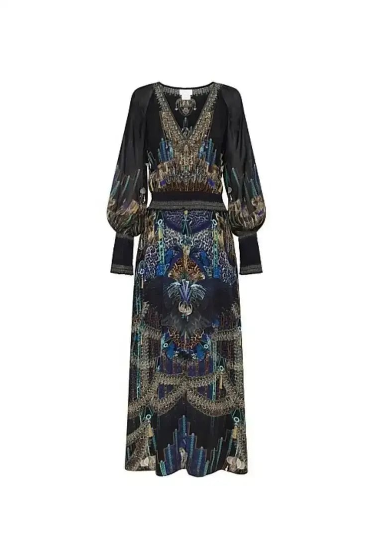 Camilla Black Dress With Shirred Waist in Dripping In Deco Size 8 photo 3