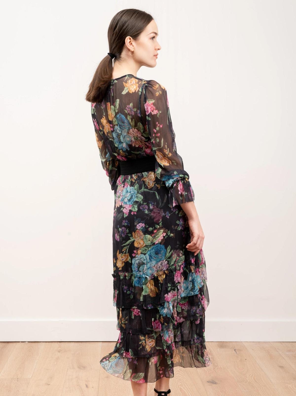 Zimmermann Ninety Six Chevron Frill Midi Dress in Black Blossom Size 8 photo 2