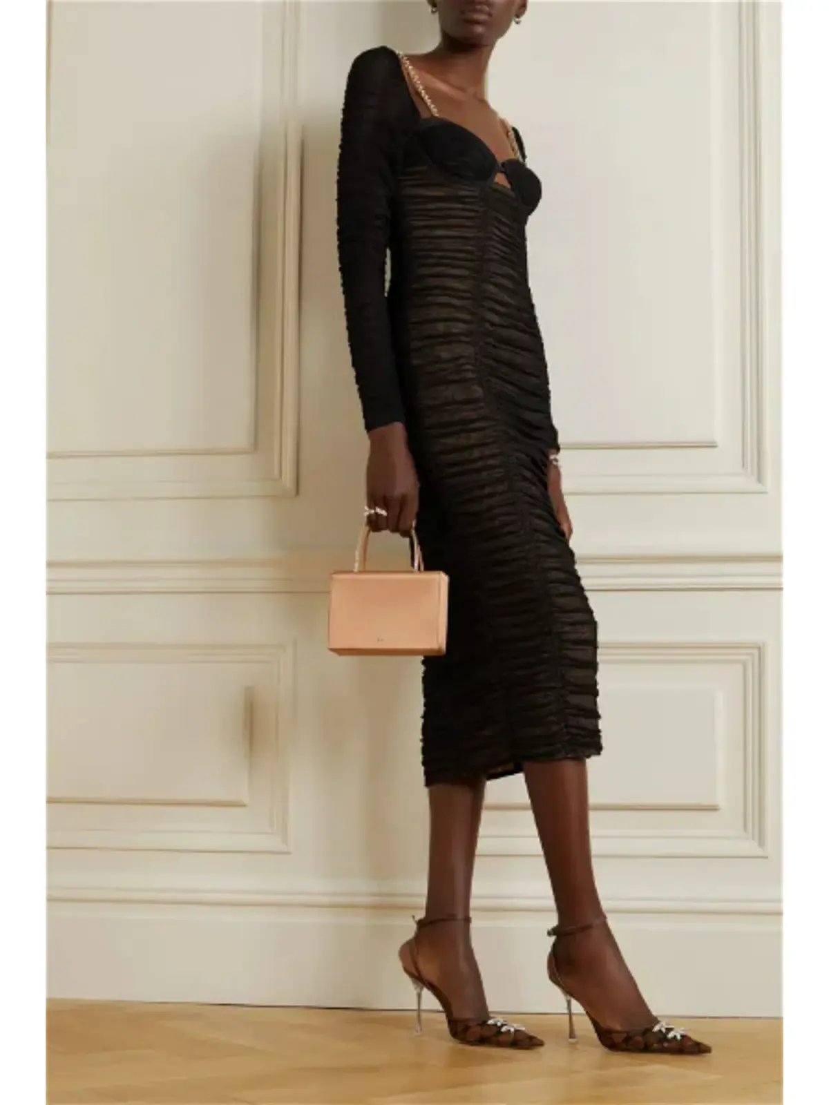Self Portrait Crystal-Embellished Cutout Ruched Stretch-Mesh Midi Dress Black Size AU 12 photo 3