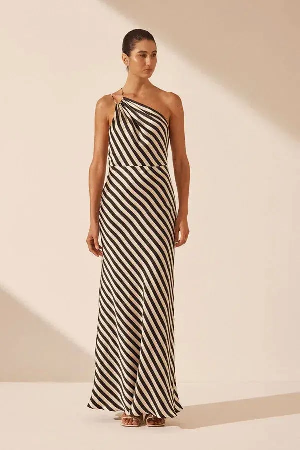 Shona Joy Escalet Silk One Shoulder Open Back Maxi Dress Black/Cream Size 8 photo 4