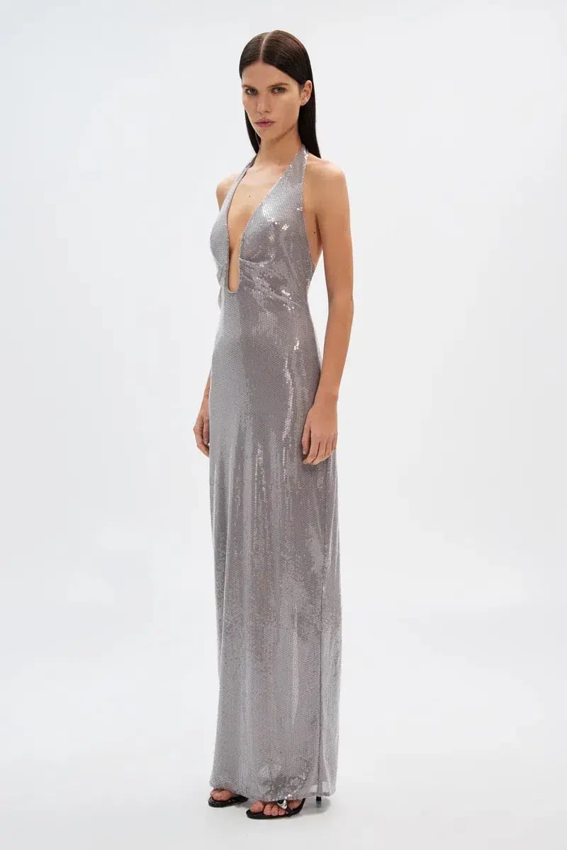 Misha The Alusia Maxi Dress Silver Sequin Size 8 photo 2