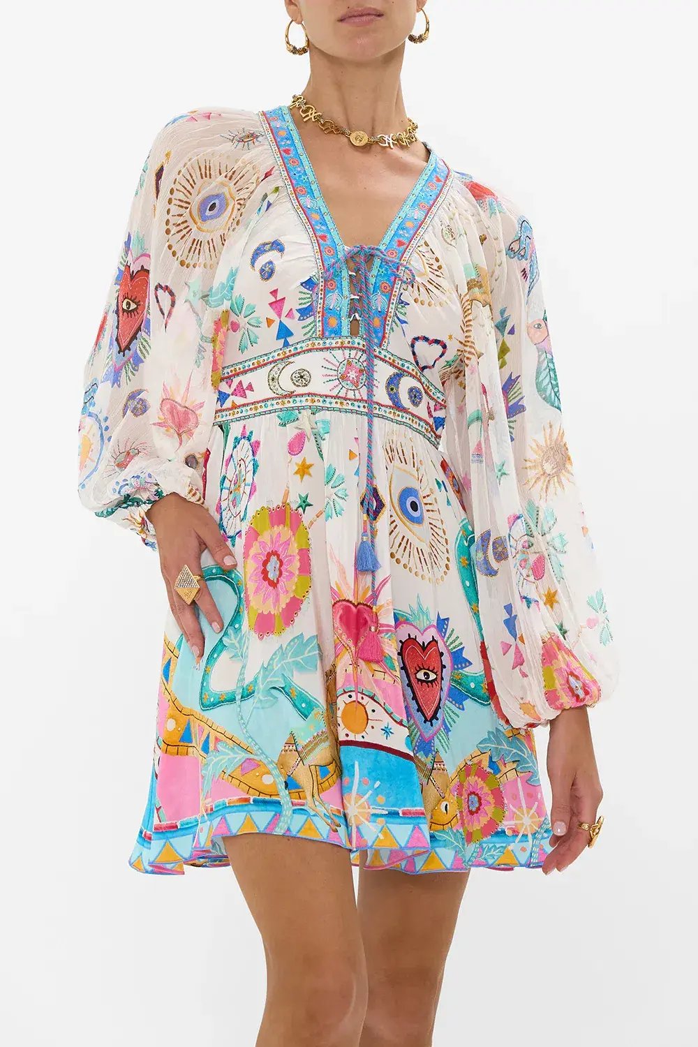 Camilla White Lace Up Front Short Dress Living In Colour Multi Size 12 photo 4