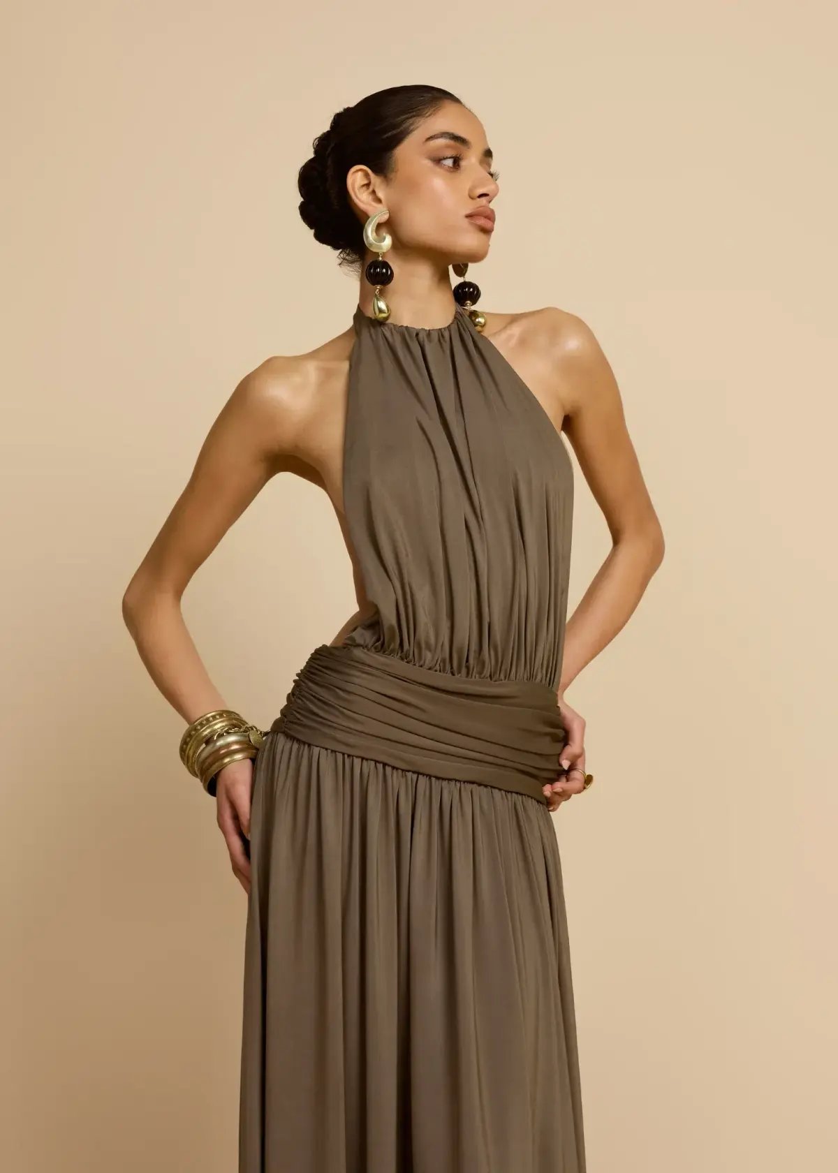 Arcina Ori Santina Maxi Dress Earthy Neutral Khaki Size S photo 5