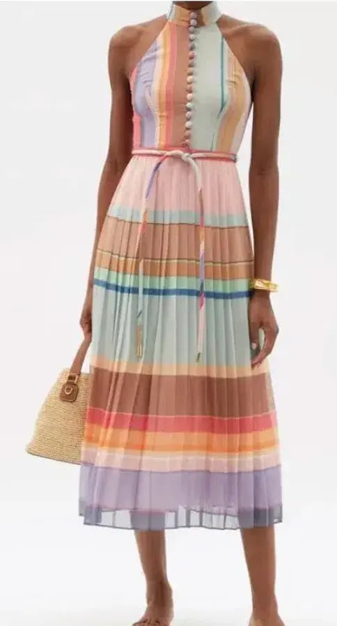 Zimmermann Pleated Picnic Dress Rainbow Stripe Size 1 / Au 10 photo 4