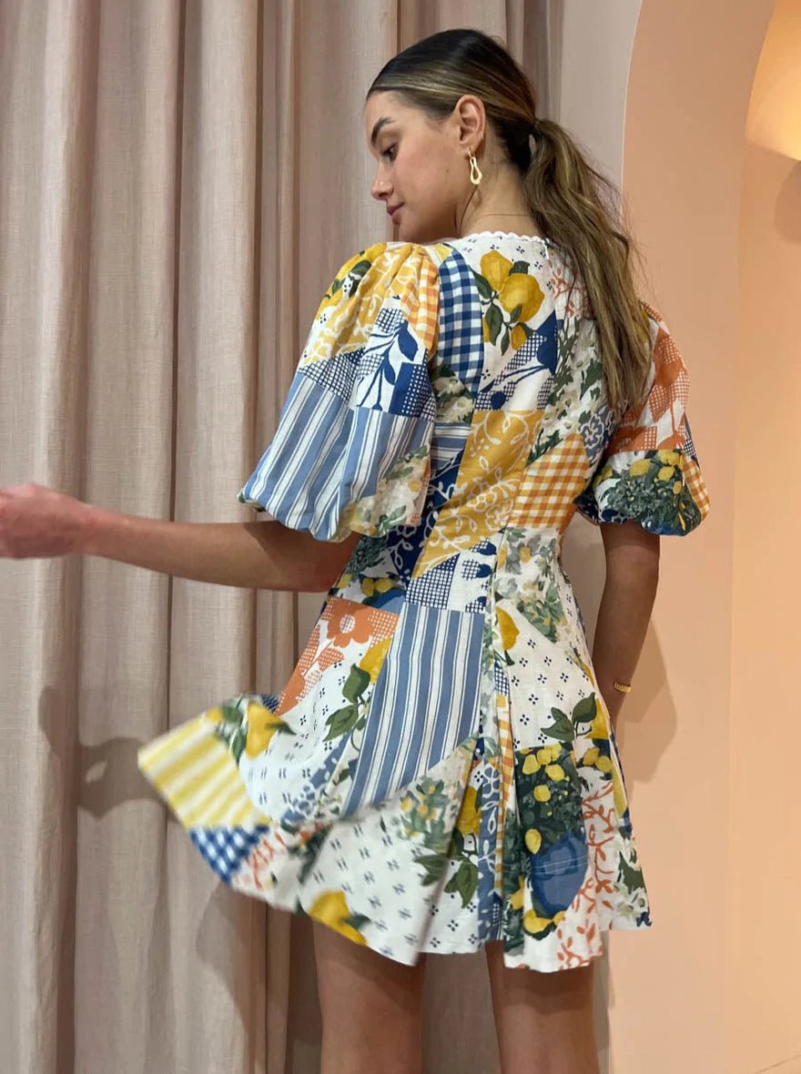 By Nicola Wavy Mini Dress In Lemon Patchwork photo 4