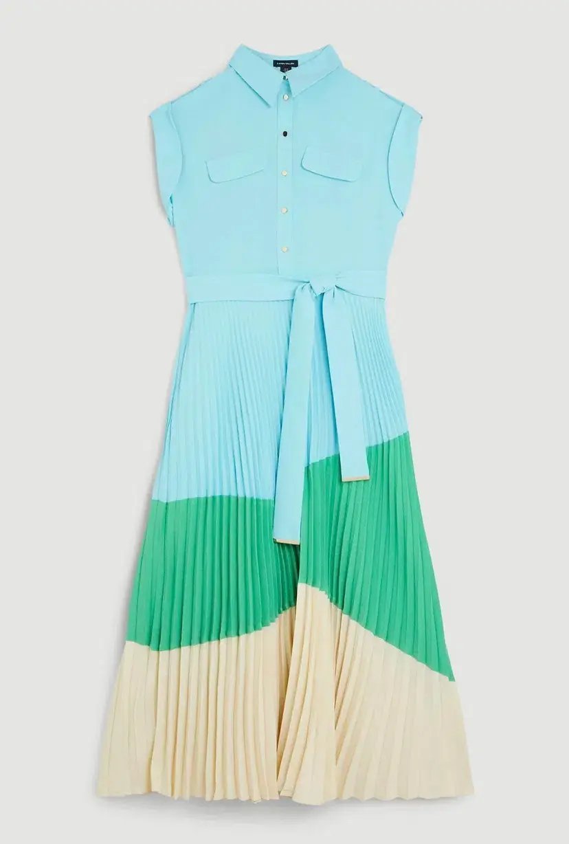 Karen Millen Colour Block Pleated Woven Midi Shirt Dress Multi Size 8 photo 5