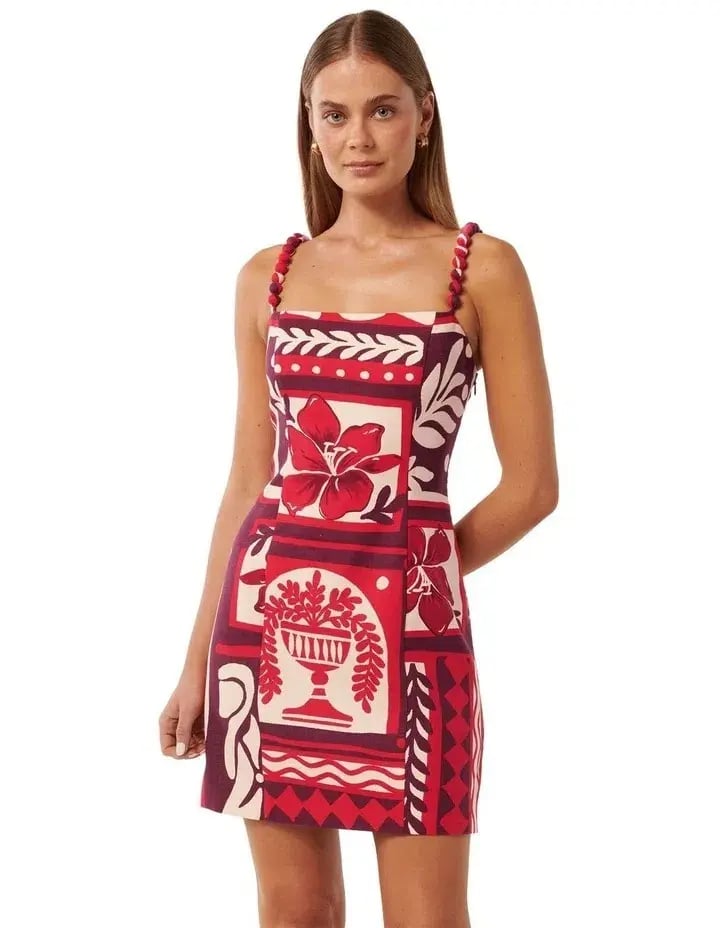 Forever New Sasha Strappy Printed Linen Mini Dress Athena Tile Size 10 photo 2