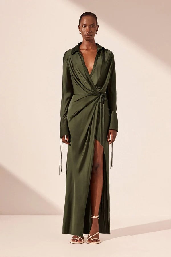 Shona Joy Shae Draped Shirt Maxi Dress - Pine Green photo 4