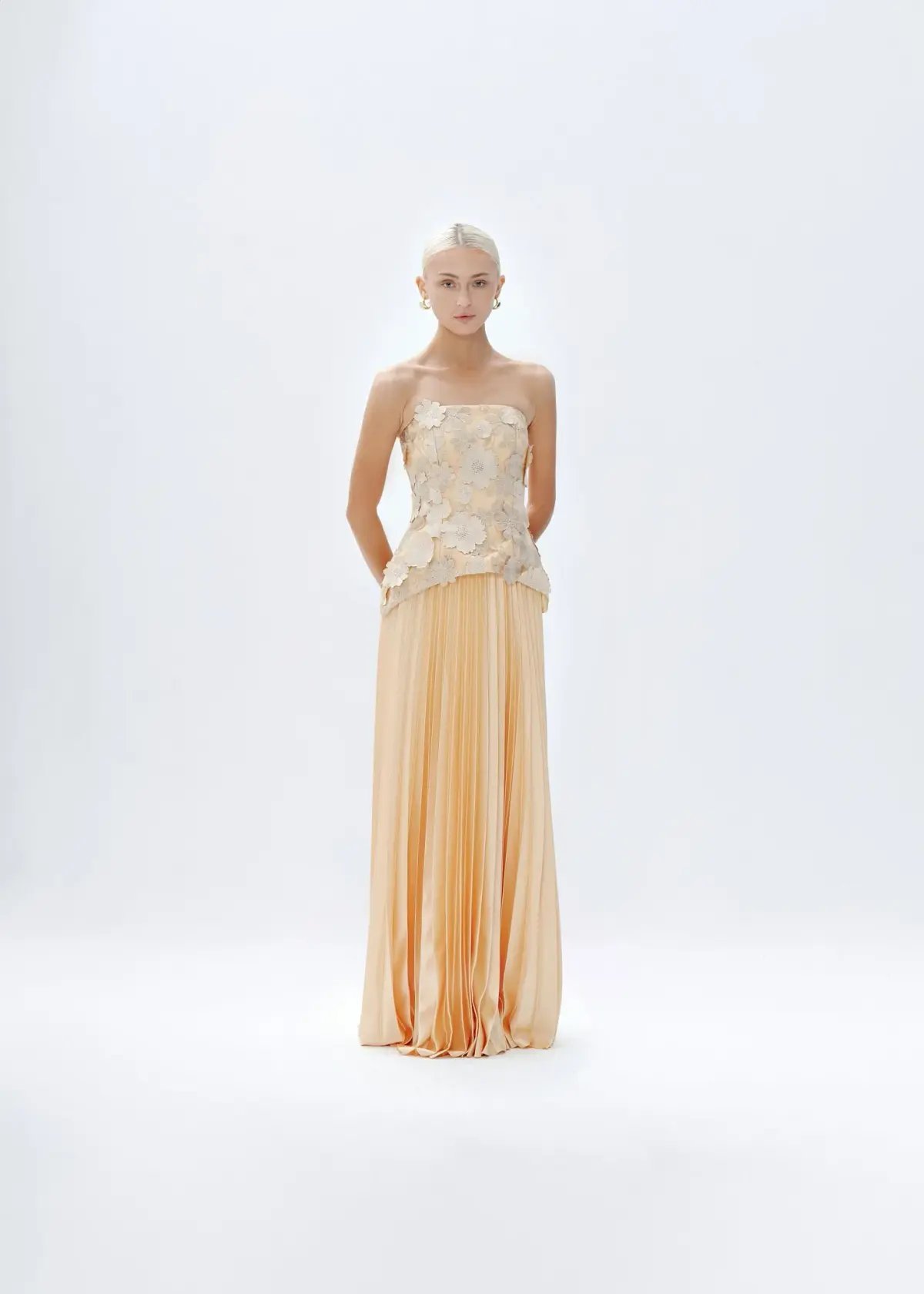 Justin Tong Cascade Pleated Maxi Gown Gold Size AU 14 photo 3