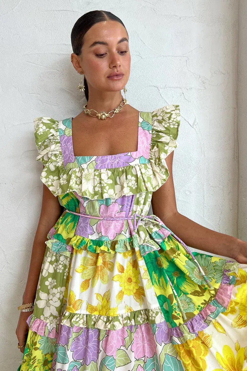 Alemais Elora Patchwork Tiered Multi Print Midi Dress Size 14 photo 2