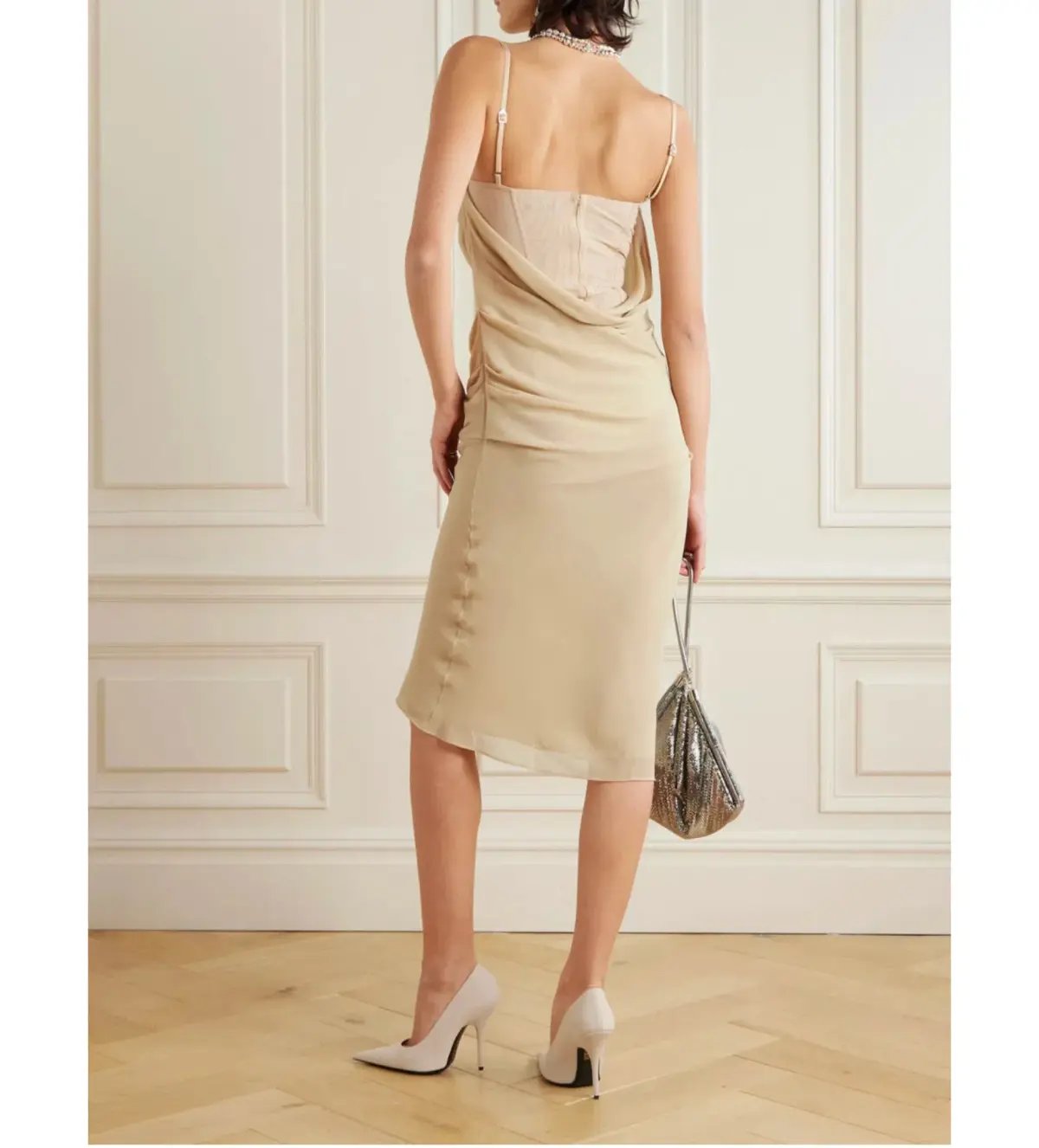 The Attico Crystal Embellished Draped Crepe Bustier Midi Dress Beige Size 8 photo 4
