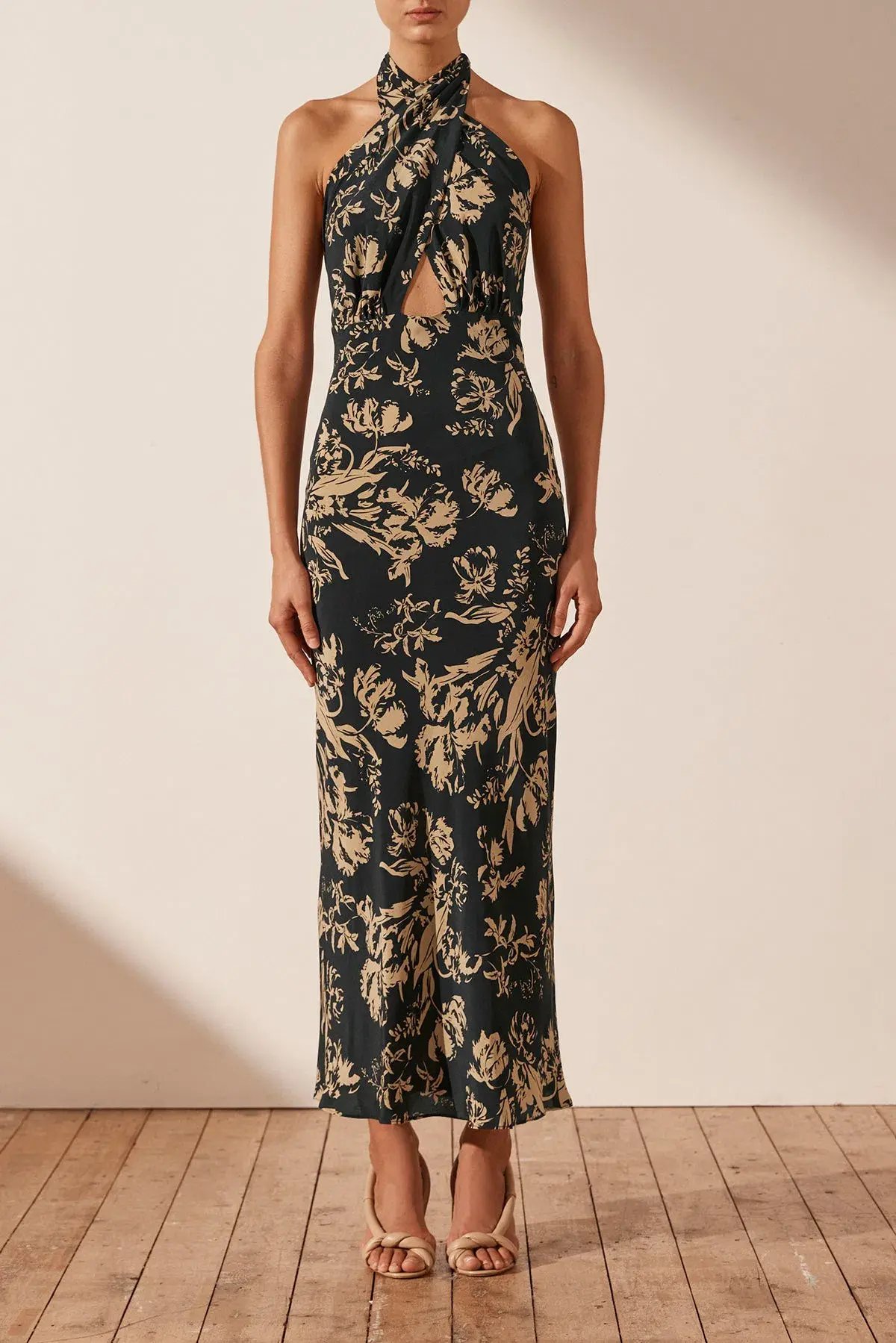 Shona Joy Dawn Silk Cross Front Halter Midi Dress Print Size S/Au 8 photo 3