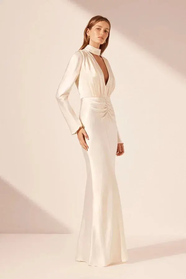 Shona Joy La Lune Plunged Long Sleeve Maxi Dress Cream Size 6 photo 2