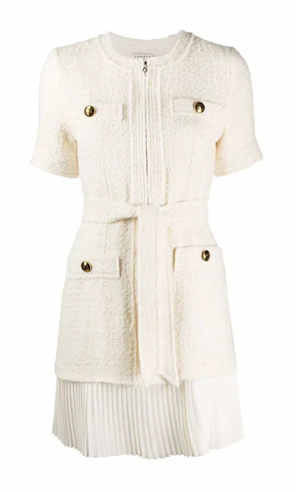 Sandro Tweed Pleated Trim Mini Dress in Ecru Size 34 FR / 6 AU photo 4