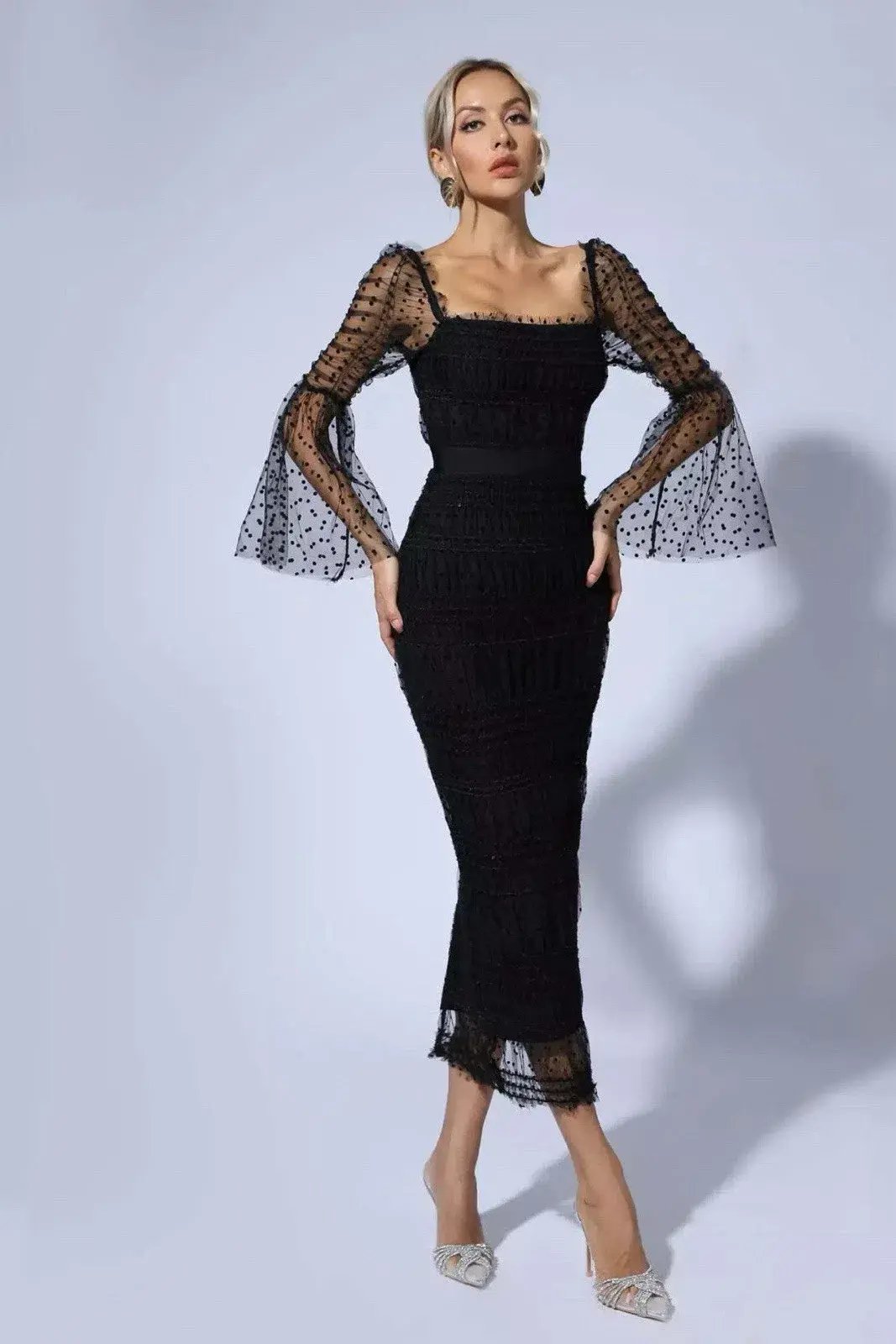 Self-Portrait Sequin Dot Mesh Midi Dress Black Size 10 photo 3