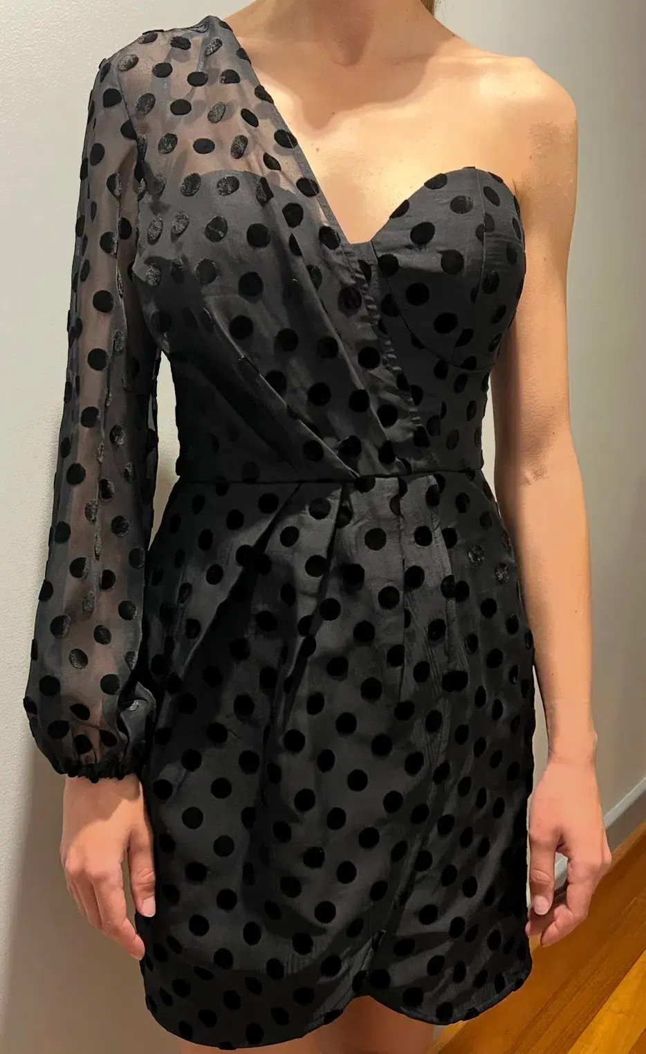 Sheike Revenge Mesh Polka Dot One Sleeve Mini Dress Black Size 8 photo 3