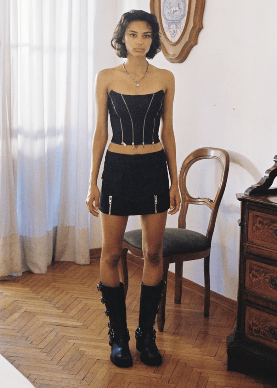With Jean Mirabel Corset and Mini Skirt in Black Wash Denim photo 4