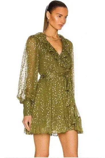 Zimmermann Lurex Wrap Mini Dress Khaki Size 1 / 10 AU photo 2