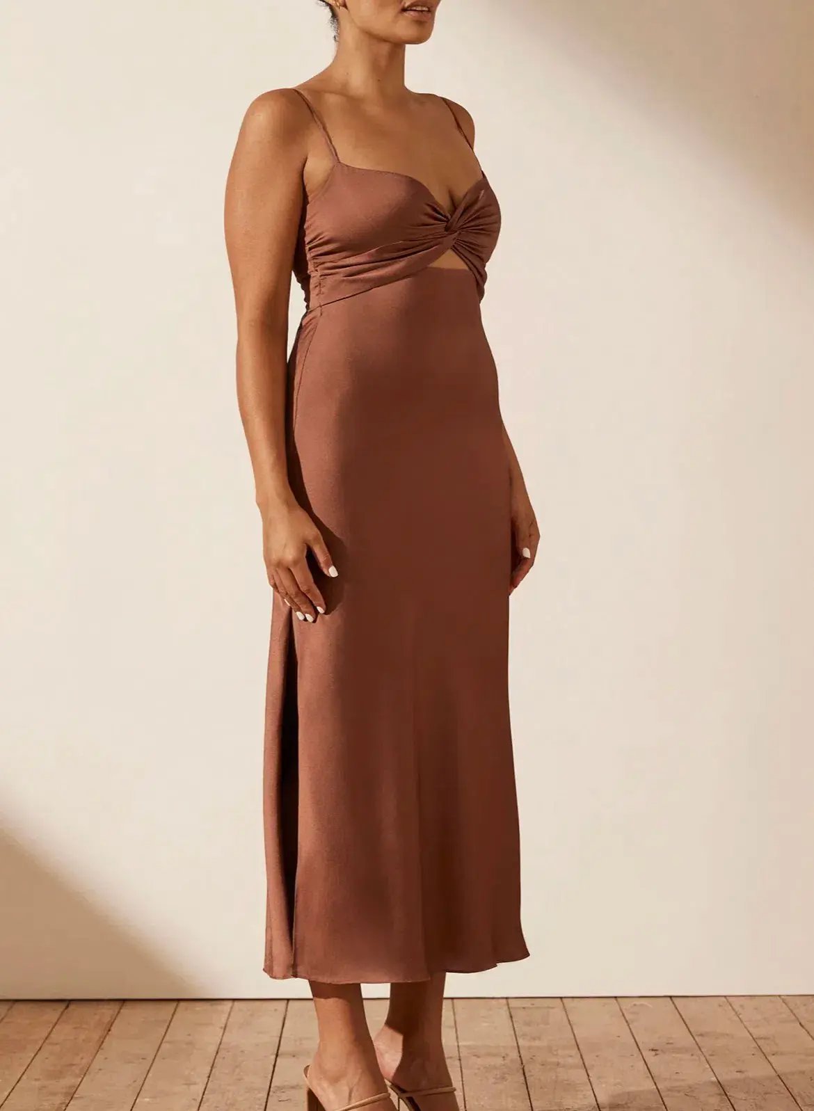 Shona Joy Luxe Twist Front Sleeveless Midi Dress Mocha Size AU 16 photo 3
