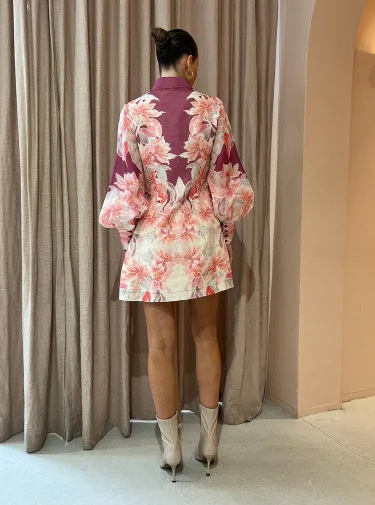 Leo Lin Luminous Silk Linen Mini Dress in Orient Print in Hibiscus Pink Size 10 photo 3