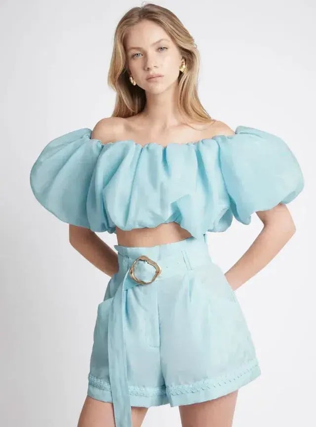 Aje Riviera Off Shoulder Tube Silk Top & Braided Silk Short Set Ice Blue Size 8 photo 2