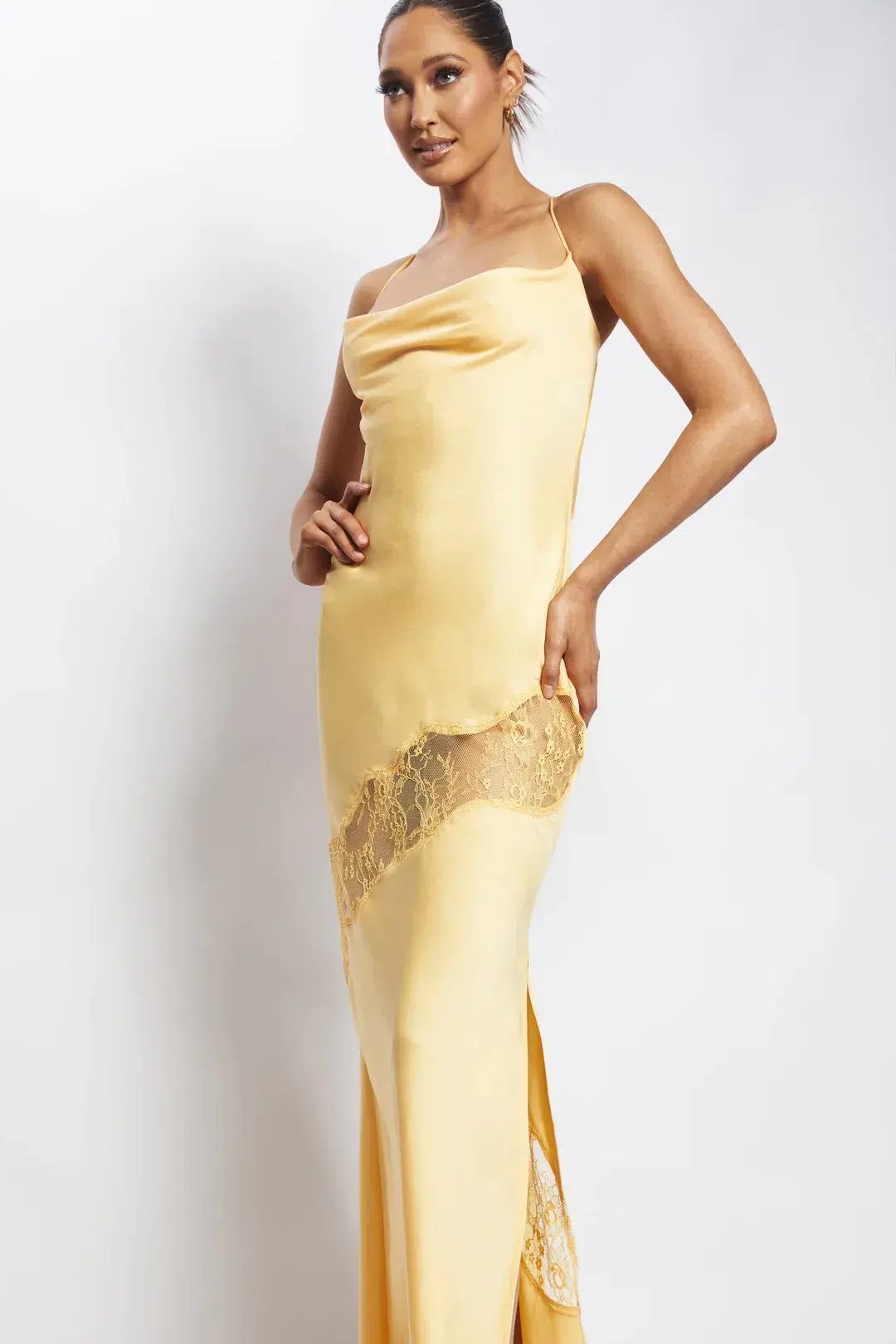 Meshki Chandra Lace Detail Satin Maxi Dress Lemon Size 14 photo 5