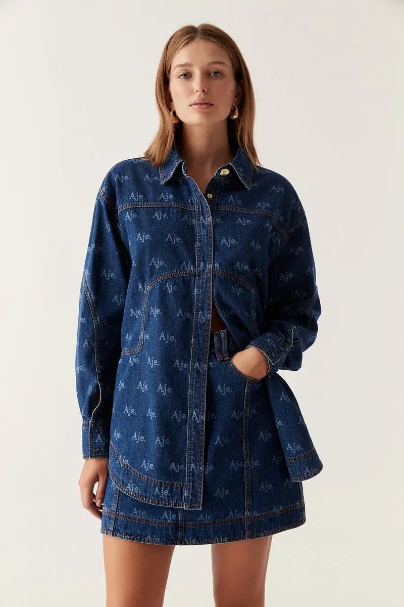 Aje Ratio Logo Denim Shirt and Mini Skirt Set Logo Wash Blue Size 16 photo 2