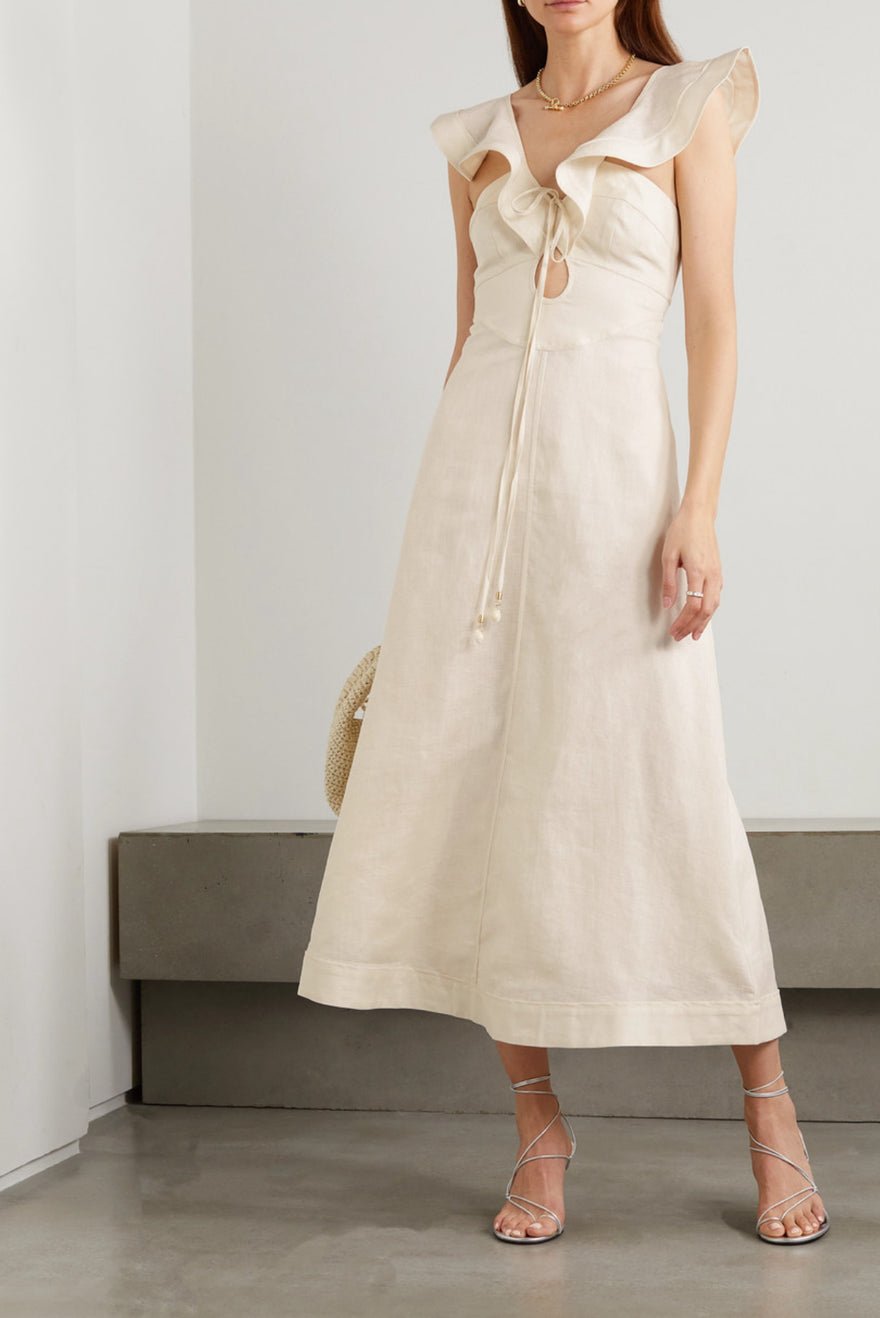 Zimmermann Halcyon Cutout Ruffled Shell-embellished Linen In Cream photo 2