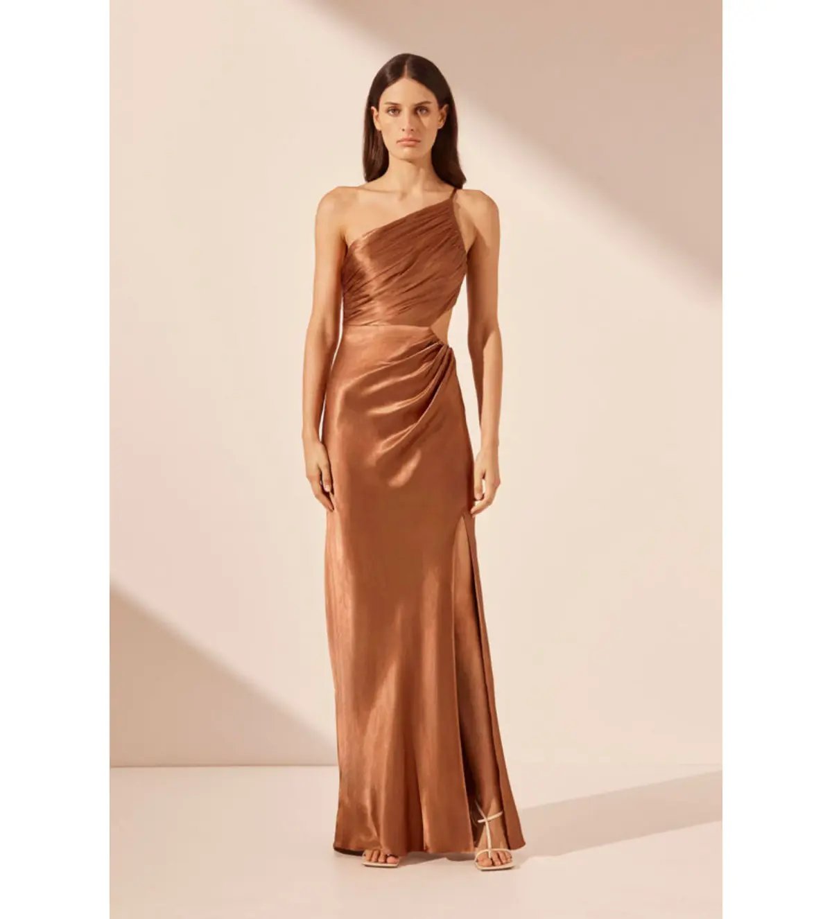 Shona Joy La Lune Asymmetrical Gathered Maxi Dress Almond Size 10 photo 3