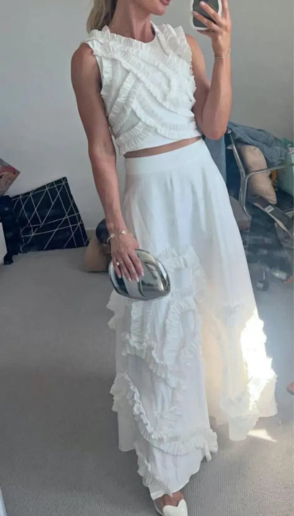 Aje Aurelia Frill Shell Top and Kendra Frill Maxi Skirt Set Ivory Size 8 photo 4