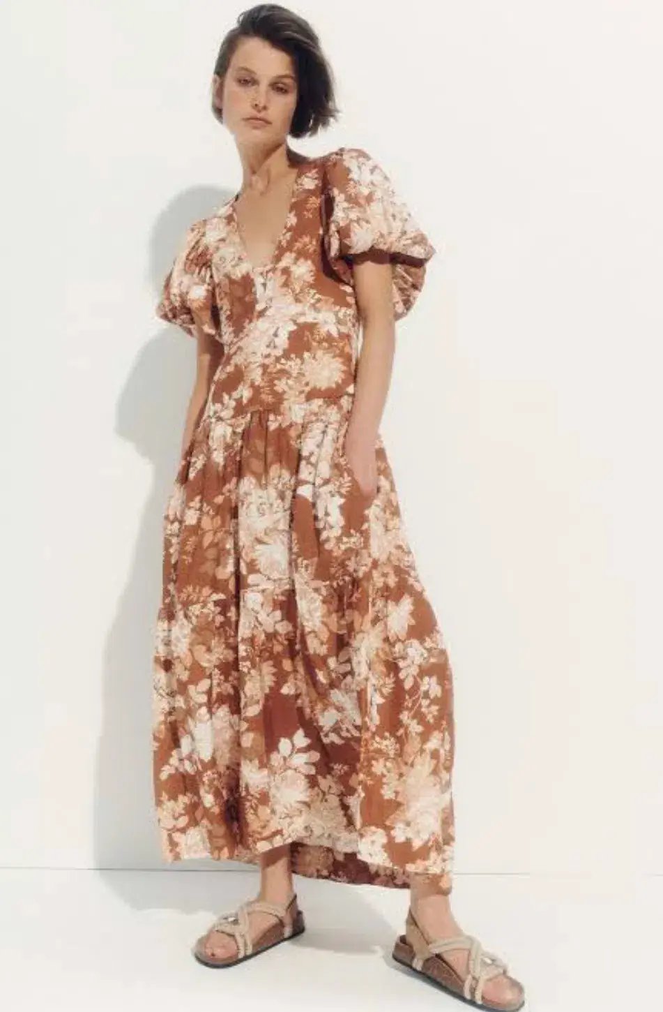 Shona Joy Capucine Linen Plunged Short Sleeve Midi Dress Almond Size 10 / M photo 4