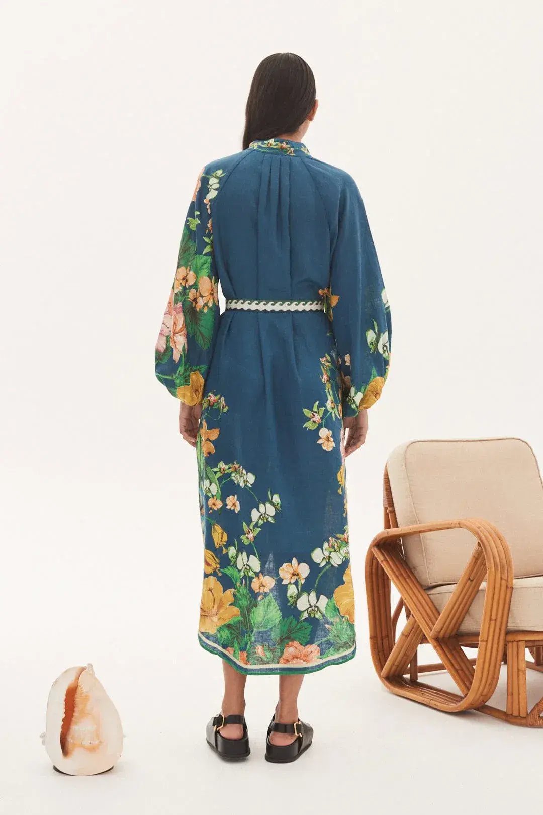 Alemais Lyla Midi Shirtdress Blue Linen Long Sleeve Button Down Floral Navy Size AU 10 photo 3