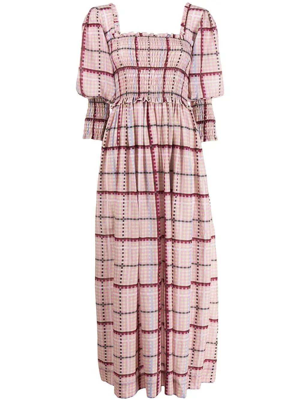 Ganni Ruched Seersucker Plaid Dress Pink Size 10 photo 3