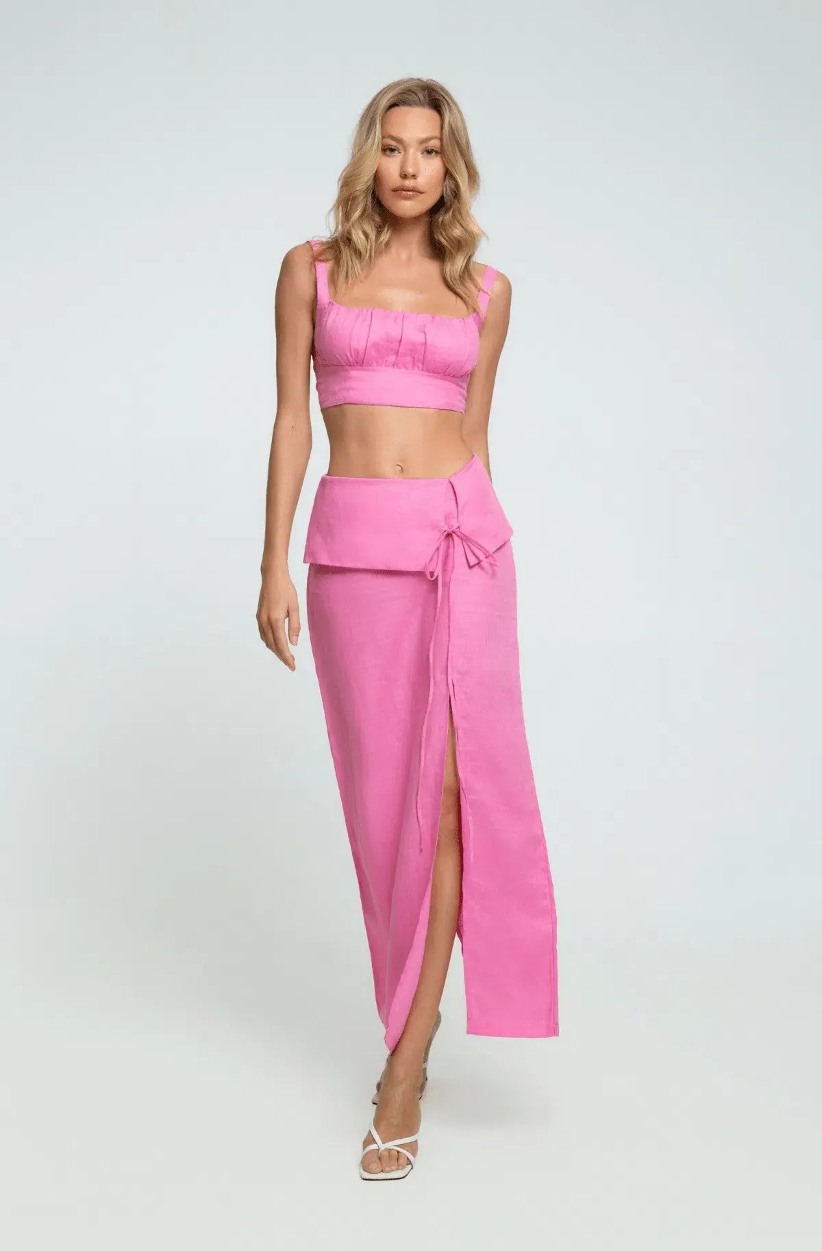 Summer Born Label Catara Linen Crop Top and Midi Skirt Set Pink Size XS /AU 6 photo 2