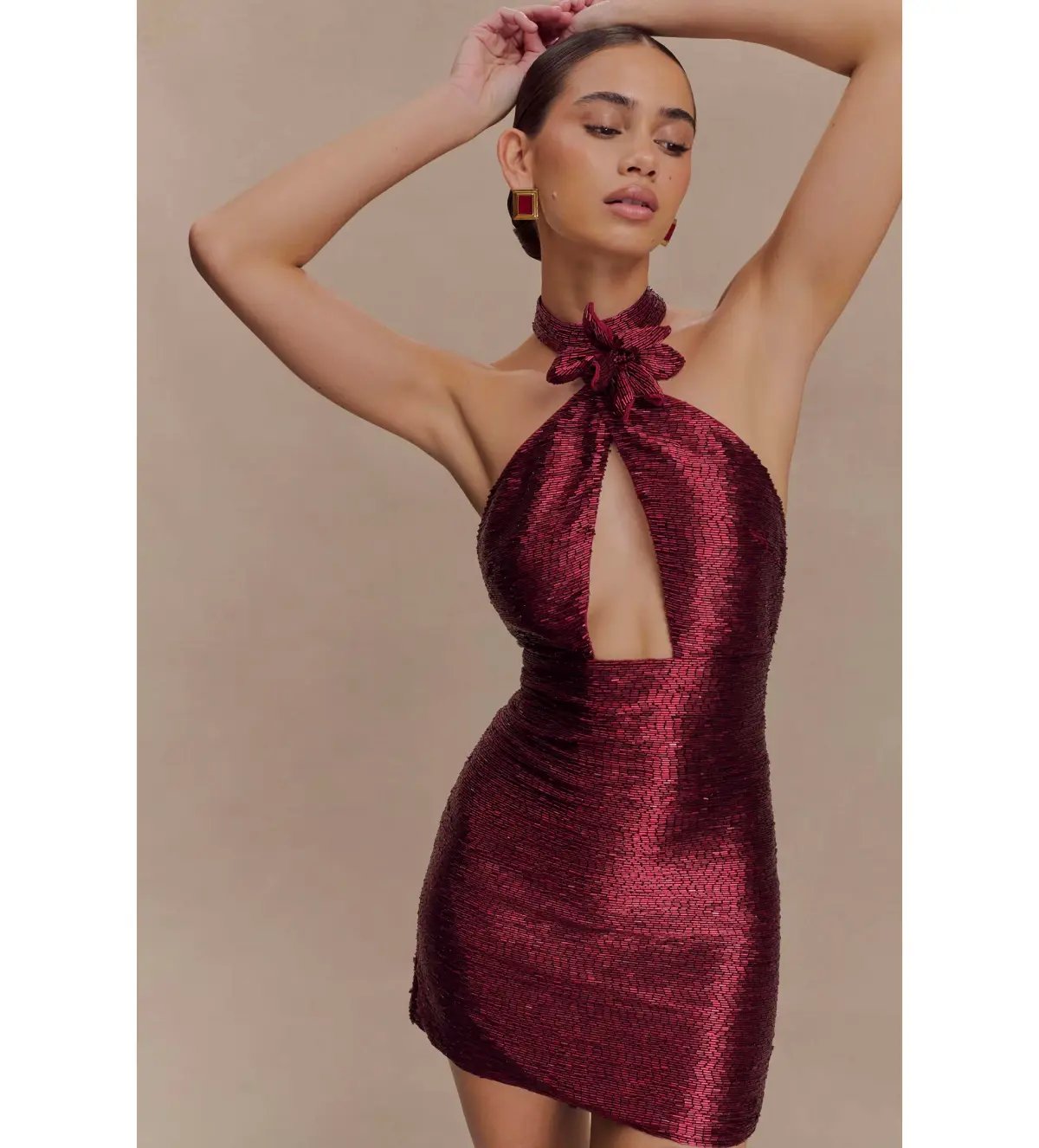 Meshk Nylah Beaded Halter Mini Dress Burgundy Size 6 photo 3