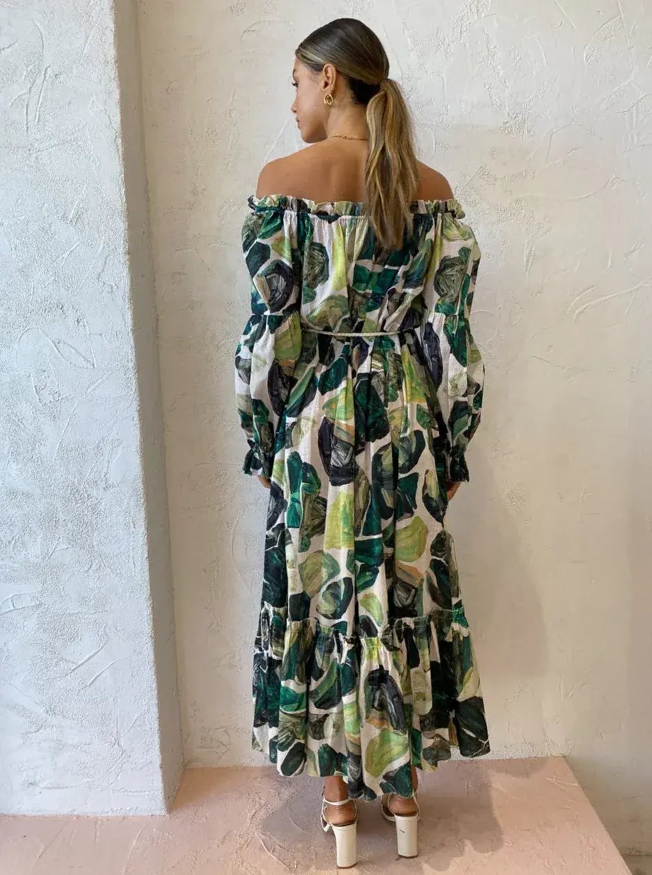 Alemais Siena Off Shoulder Shirt Midi Dress In Green Floral Long Sleeve Green Size AU 14 photo 6