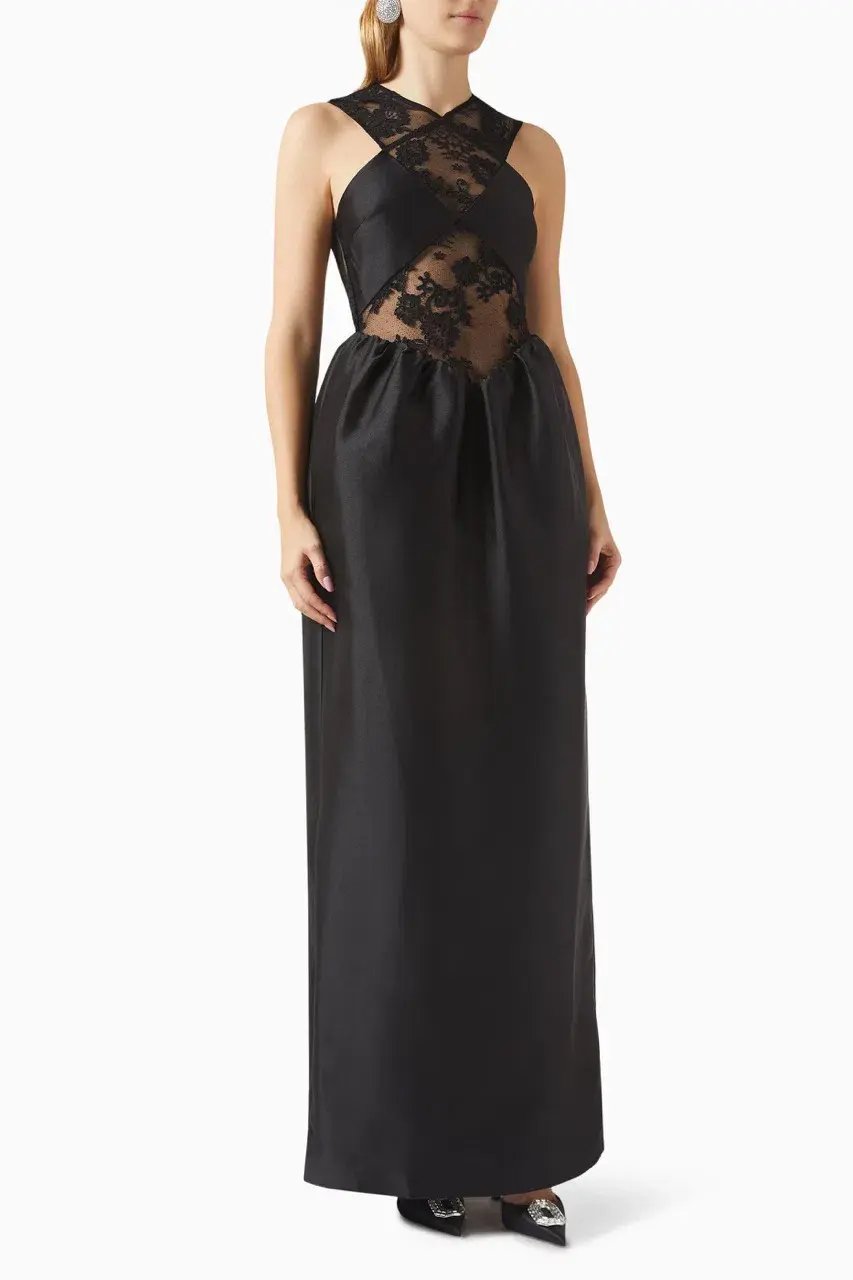Self-Portrait Lace-trim Taffeta Maxi Dress in Black Size 8 photo 5