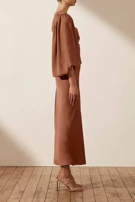 Shona Joy Luxe Twist Front Balloon Sleeve Midi Dress Brown Size 6 / XS photo 3