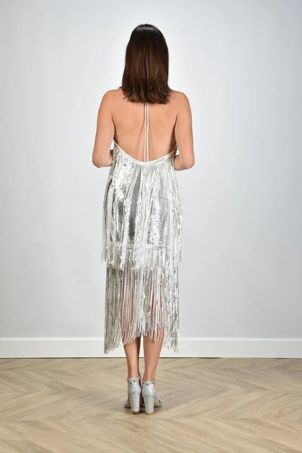 Rotate Sequins Mini Fringe Dress Silver Size 8 photo 3