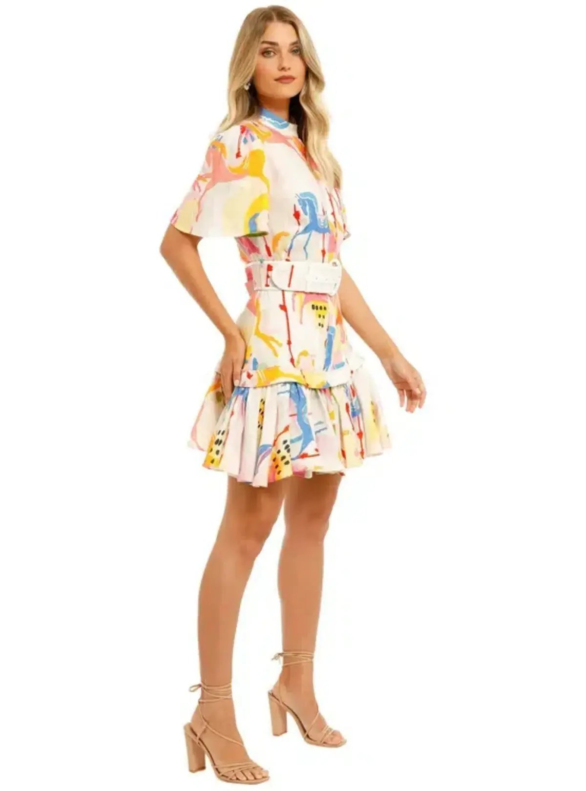 Leo & Lin Carousel Linen Shirt Dress Rainbow Carousel Multi Print Size AU 12 photo 2