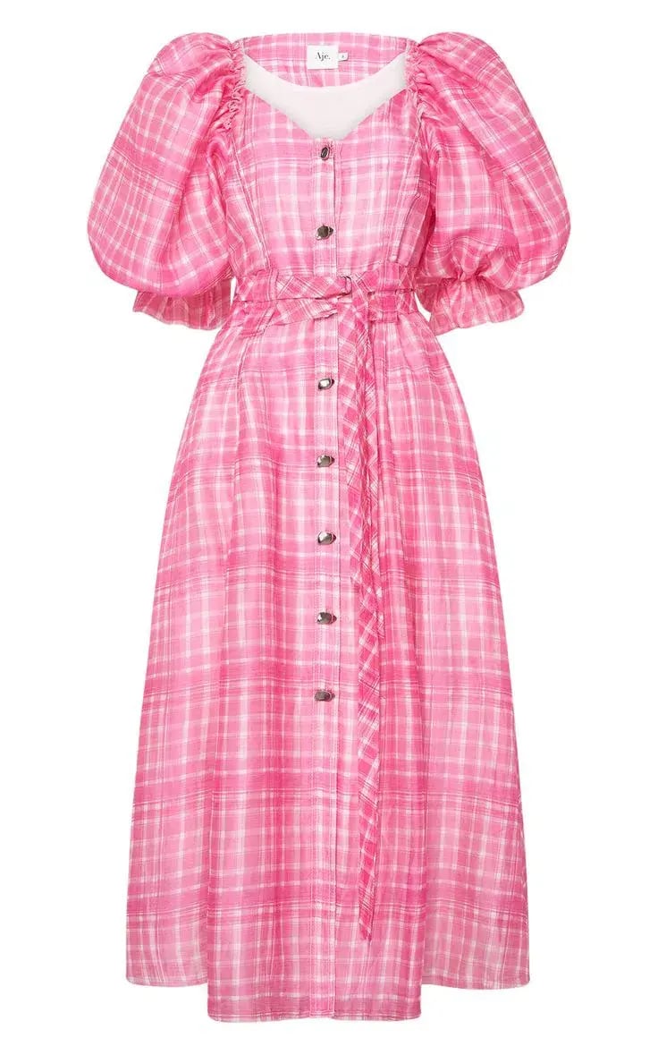 Aje Bungalow Puff Sleeve Midi Pink Check Print Size 10 photo 5