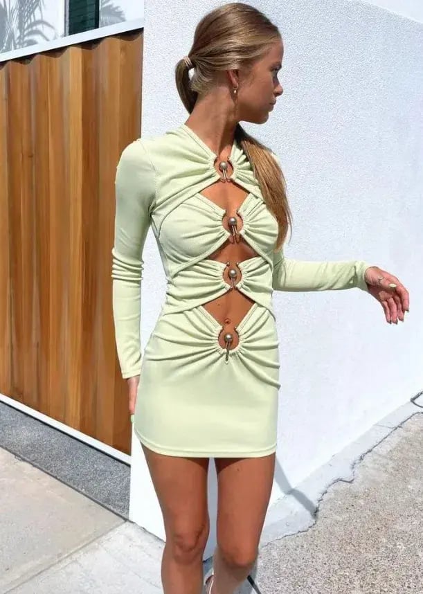 Christopher Esber Ruched Column Long Sleeve Mini Dress Green Size 6 photo 2