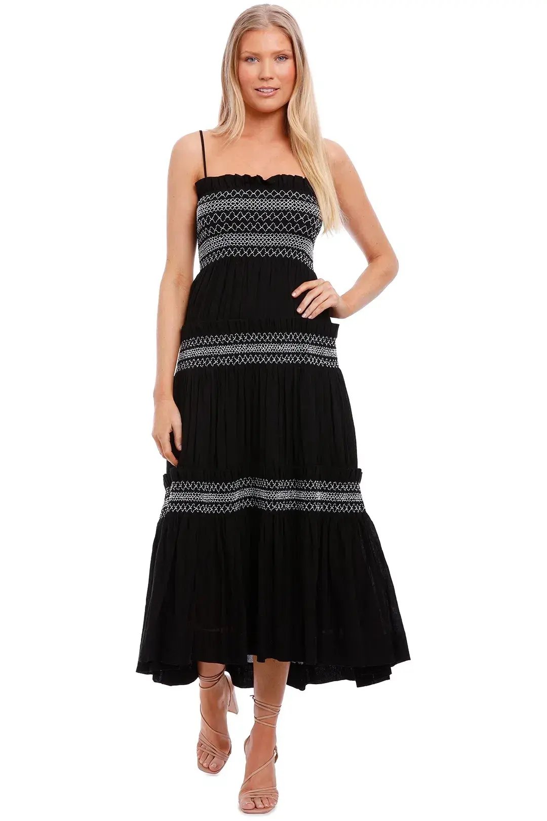 Shona Joy Leda Shirred Tiered Midi Dress Black Size 8 photo 4