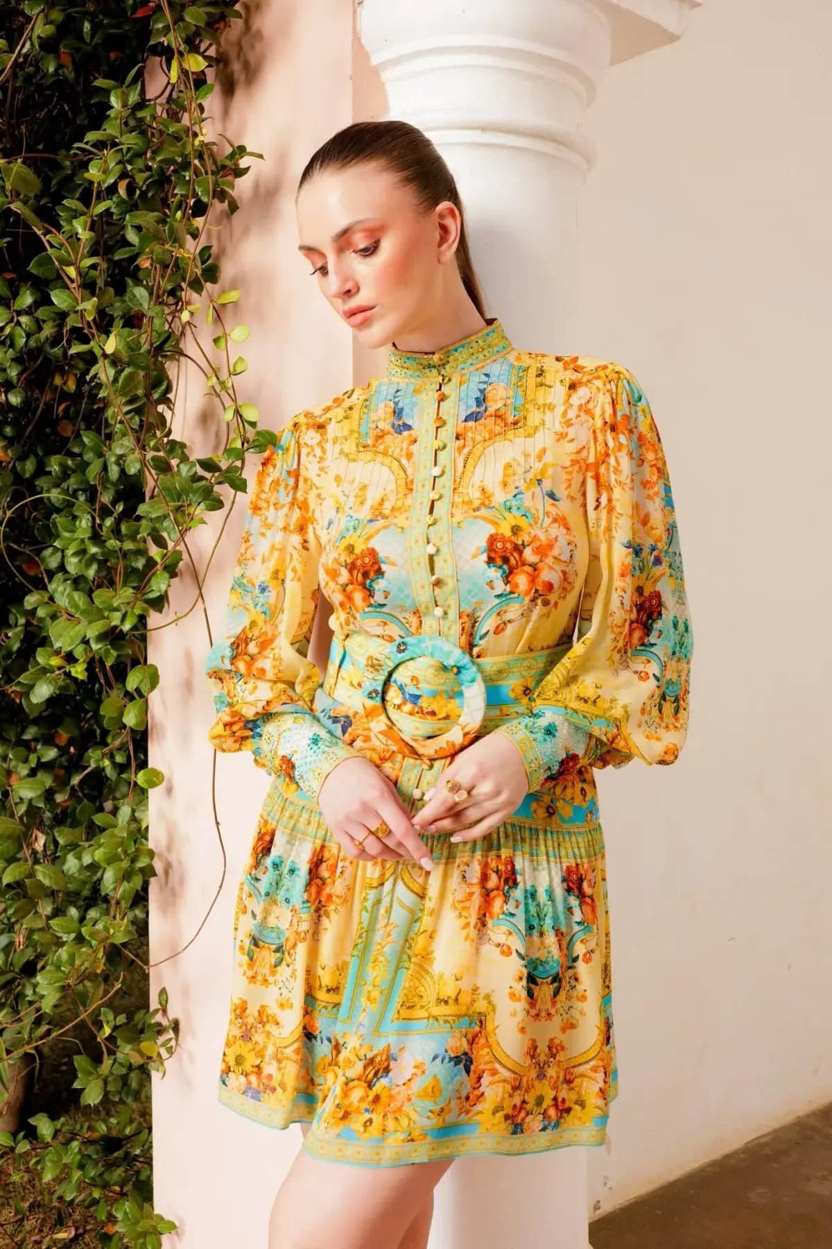 Czarina Summer Garden Button Down Short Dress Yellow Floral Size L / AU 14 photo 3