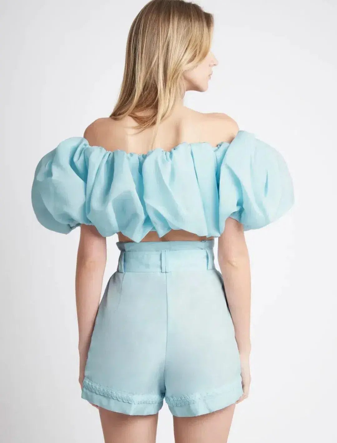 Aje Riviera Off Shoulder Tube Silk Top & Braided Silk Short Set Ice Blue Size 8 photo 3