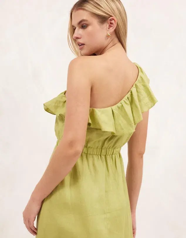 Aere Linen One Shoulder Midi Dress Bay Leaf Green Size 8 photo 3