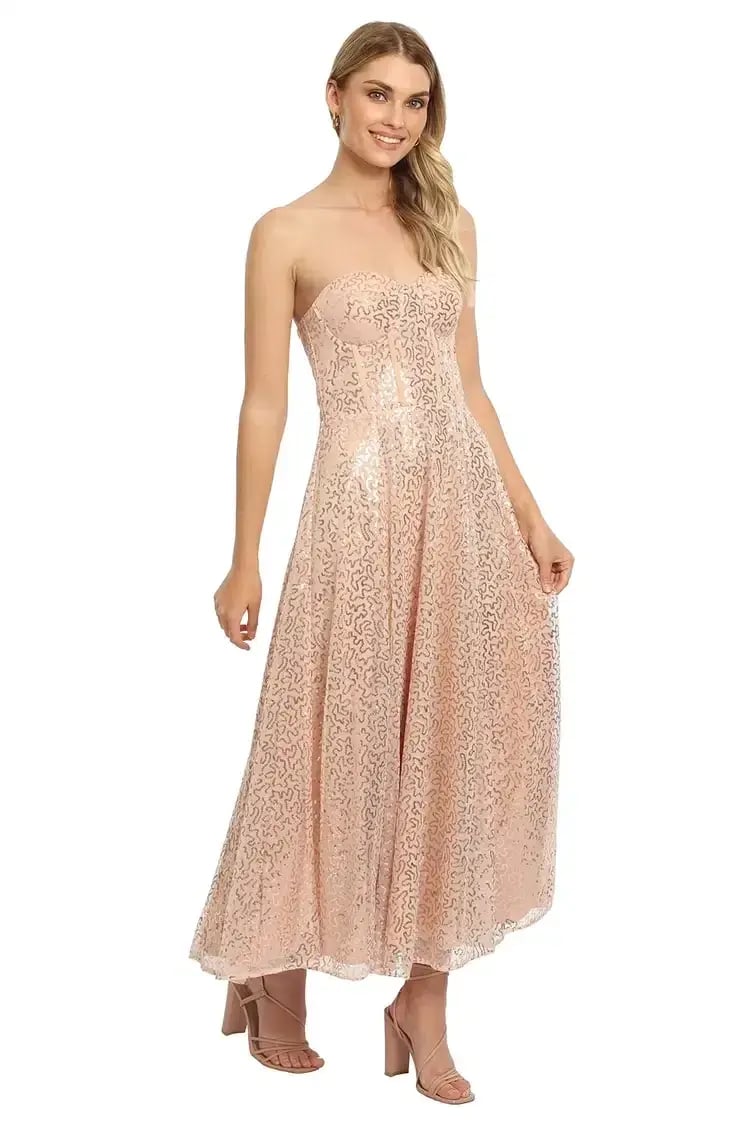 Elle Zeitoune Lana Bustier Midi Dress in Rose Gold Size 12 photo 4